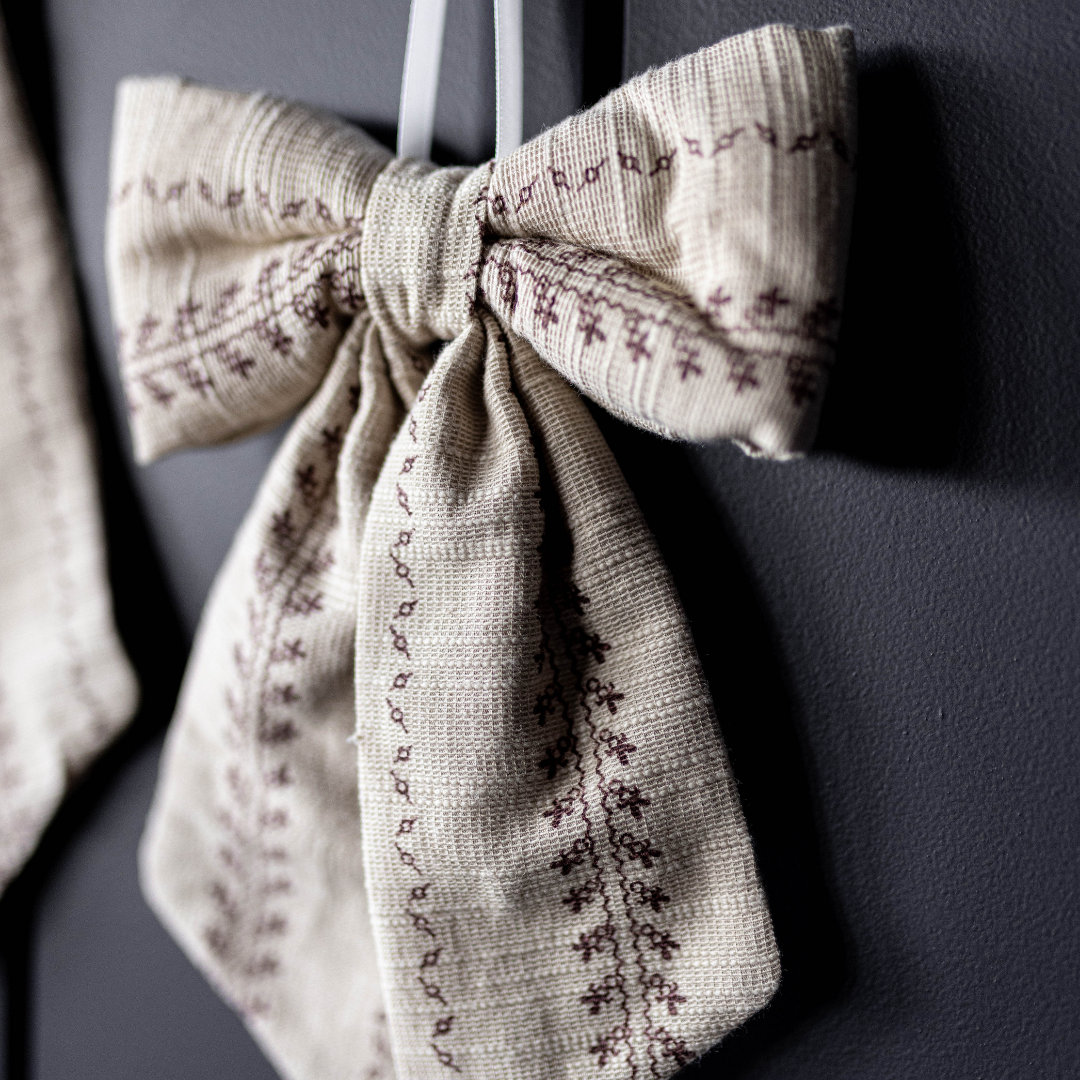 Bow Fabric Folk Beige Stripe Embroidery : Medium