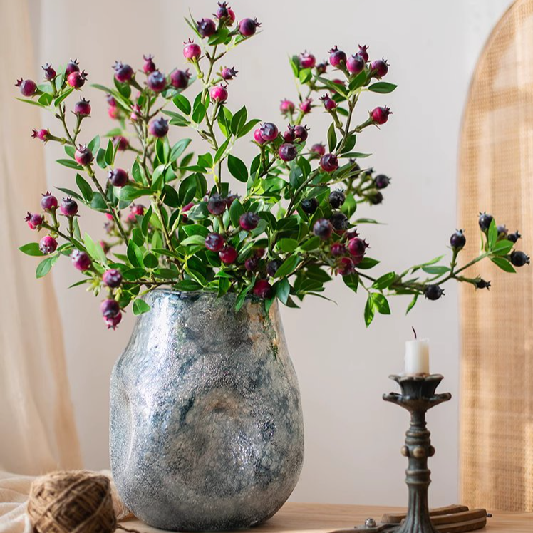 Artificial Alpine Blueberry Stem 22.4" Tall: Red / Three Stems