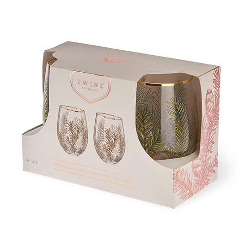 Gold-Rimmed Woodland Stemless Wine Glasses
