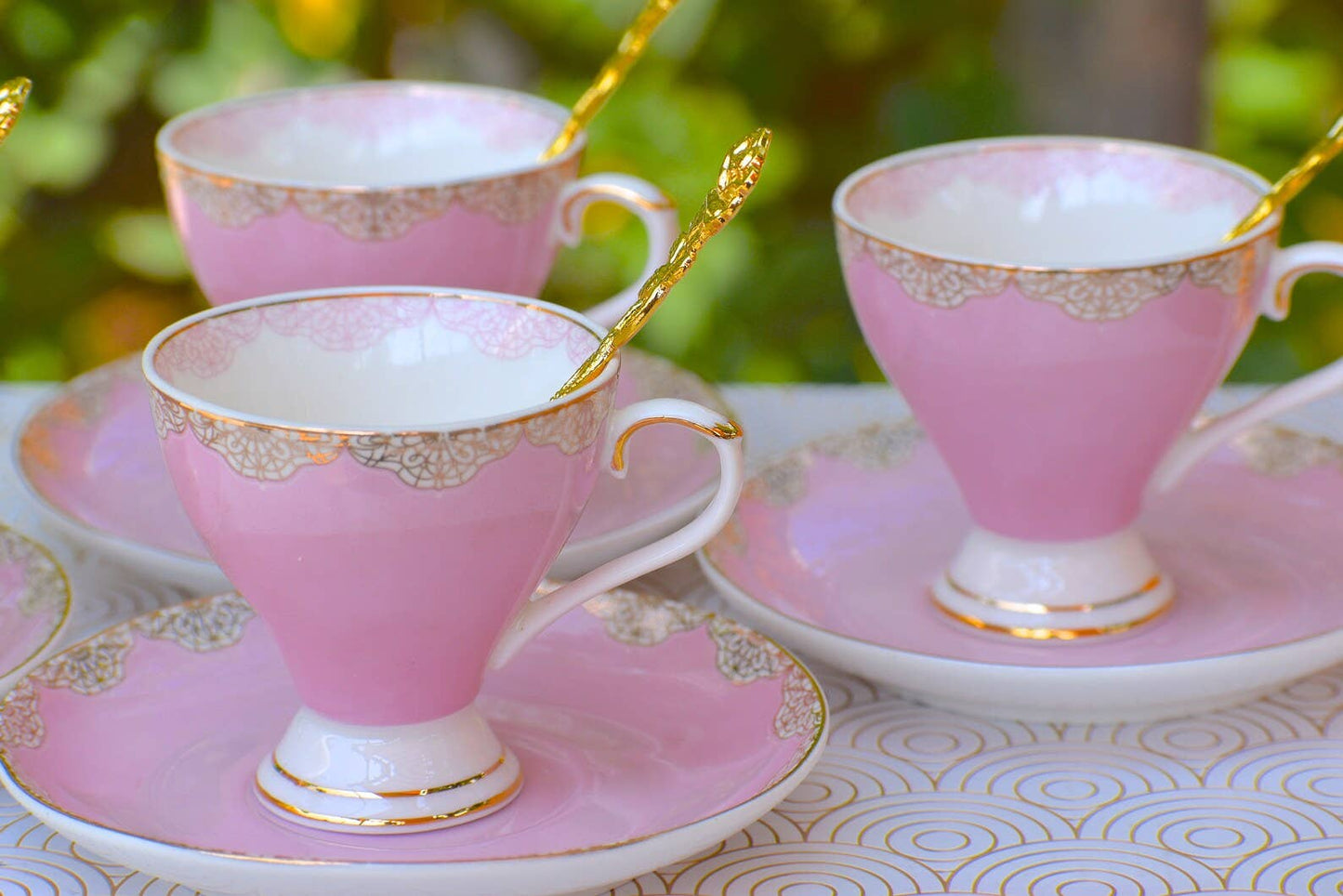 Demitasse. Valentine Pink with Gold Lace