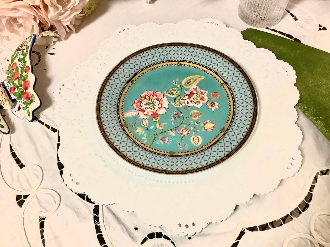 Flowers with Turquoise Teal Border Side Plate Salad 8 inch