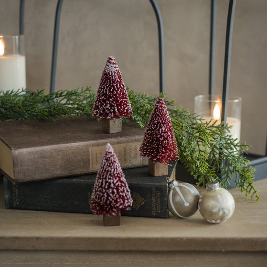 Set of 3 Burgundy Bottlebrush Trees with Snowy Tips