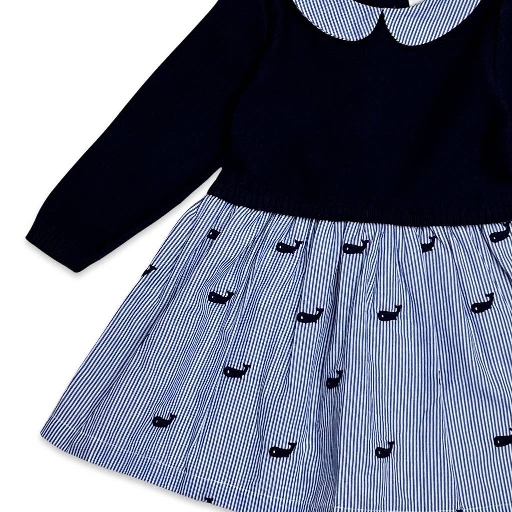 Whale Embroidered Pinstripe Baby Sweater Knit Dress (Organic: Navy Blue
