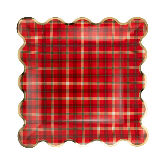 Red Plaid Square Gold Edge Scalloped Plate