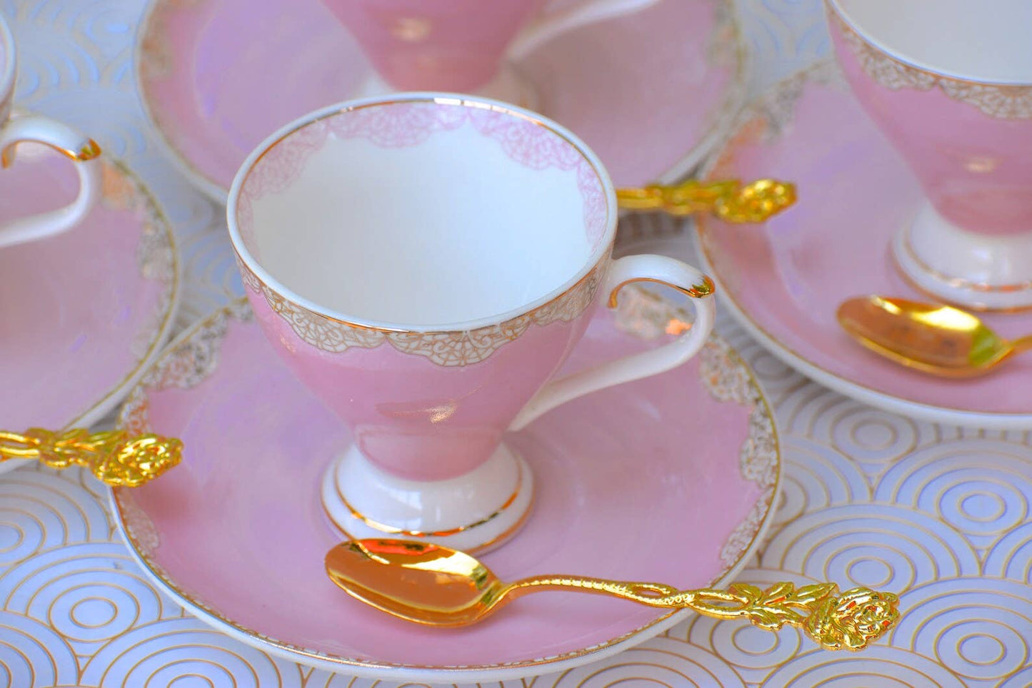 Demitasse. Valentine Pink with Gold Lace