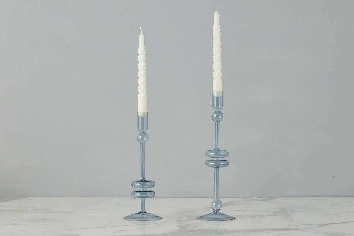Denim Blue Glass Taper Candlestick Holder , Medium