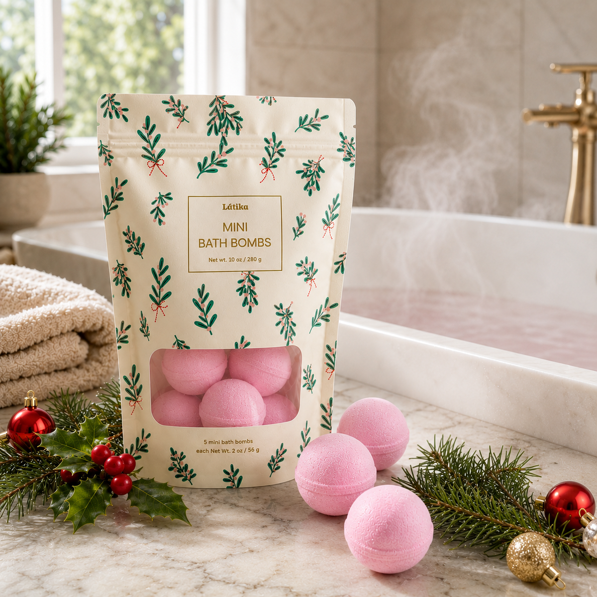 Mini Bath Bombs Gift Bag - Christmas holly - Cranberry Fizz