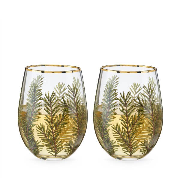 Gold-Rimmed Woodland Stemless Wine Glasses
