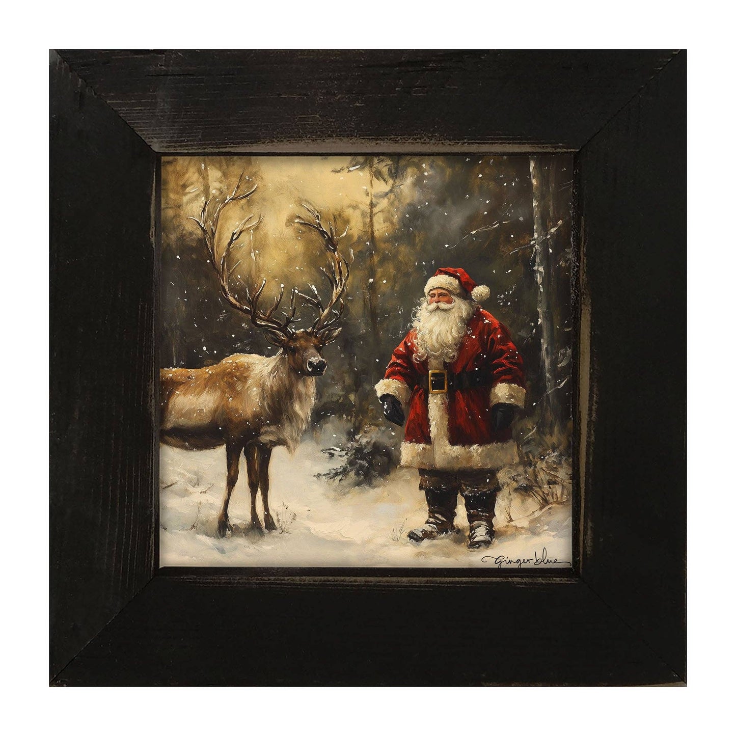 Santa with Reindeer in Forest: Black / Small