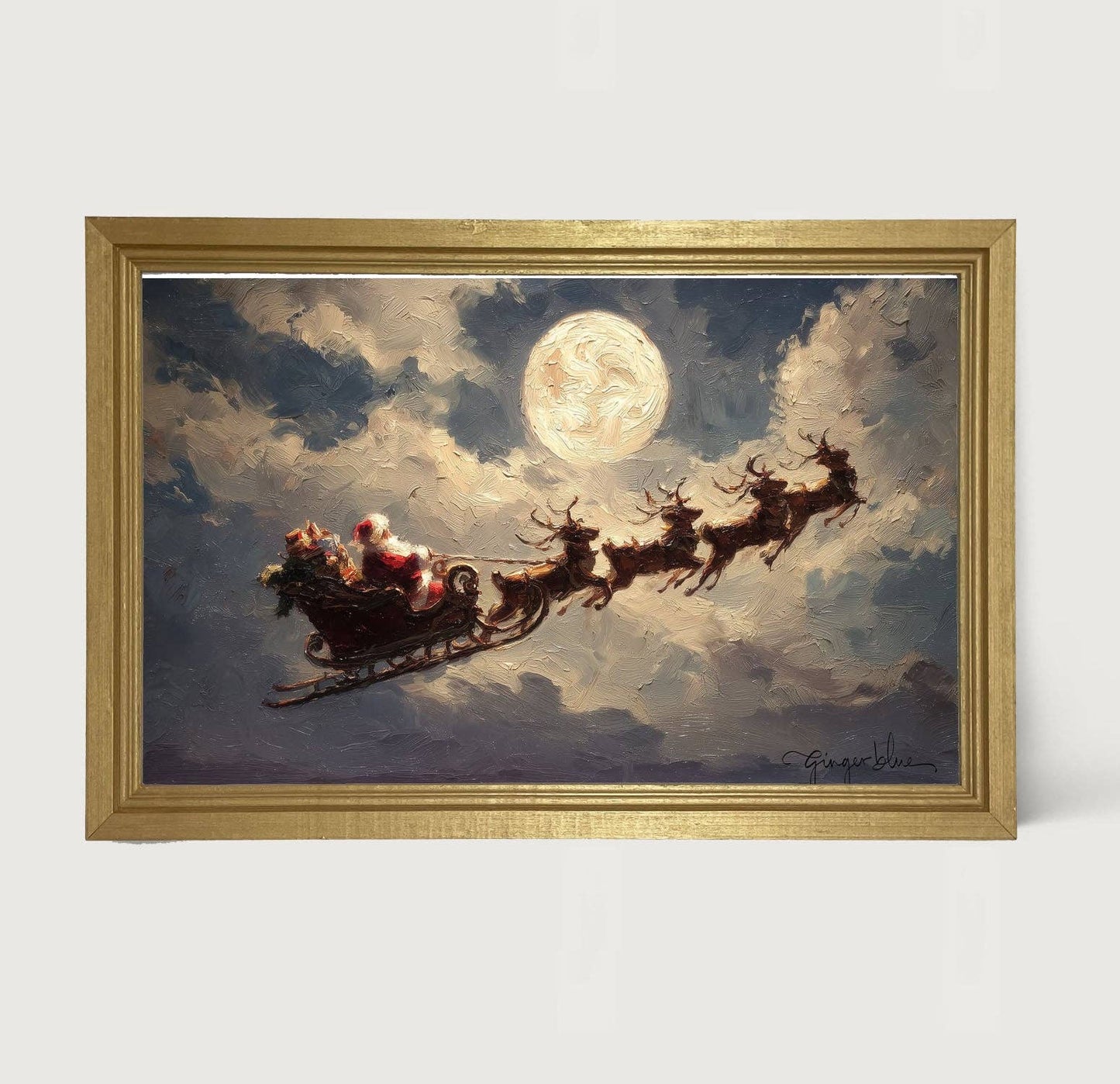 Santa Flying under Full Moon - Horizontal Frame: Gold / HS