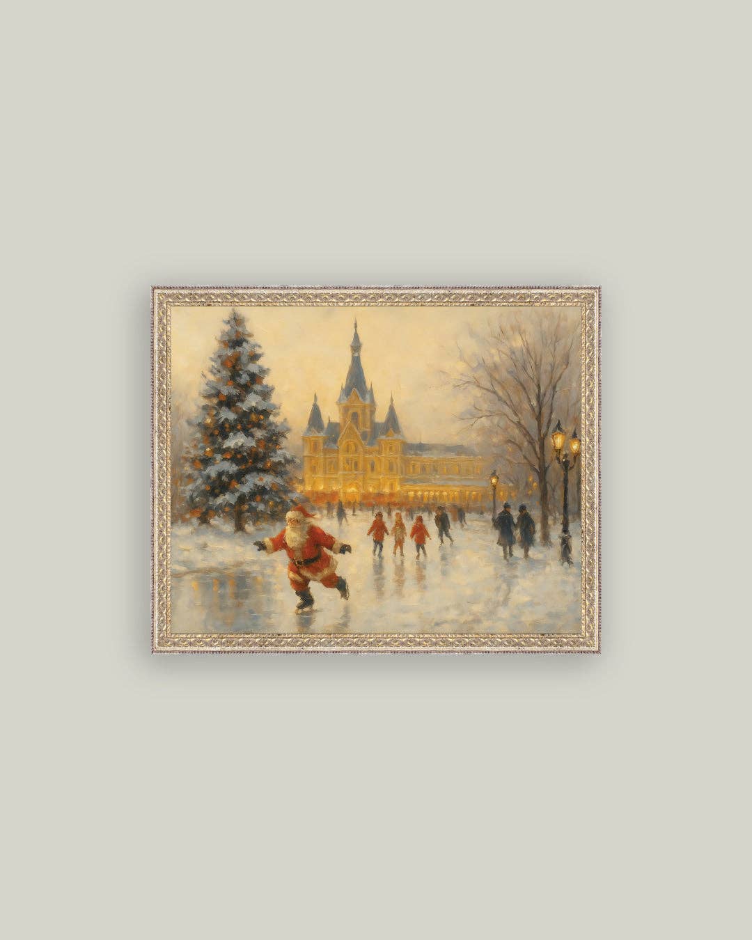 Skating Santa Framed Antique Art: 7x5