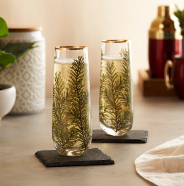 Gold-Rimmed Woodland Stemless Champagne Flutes