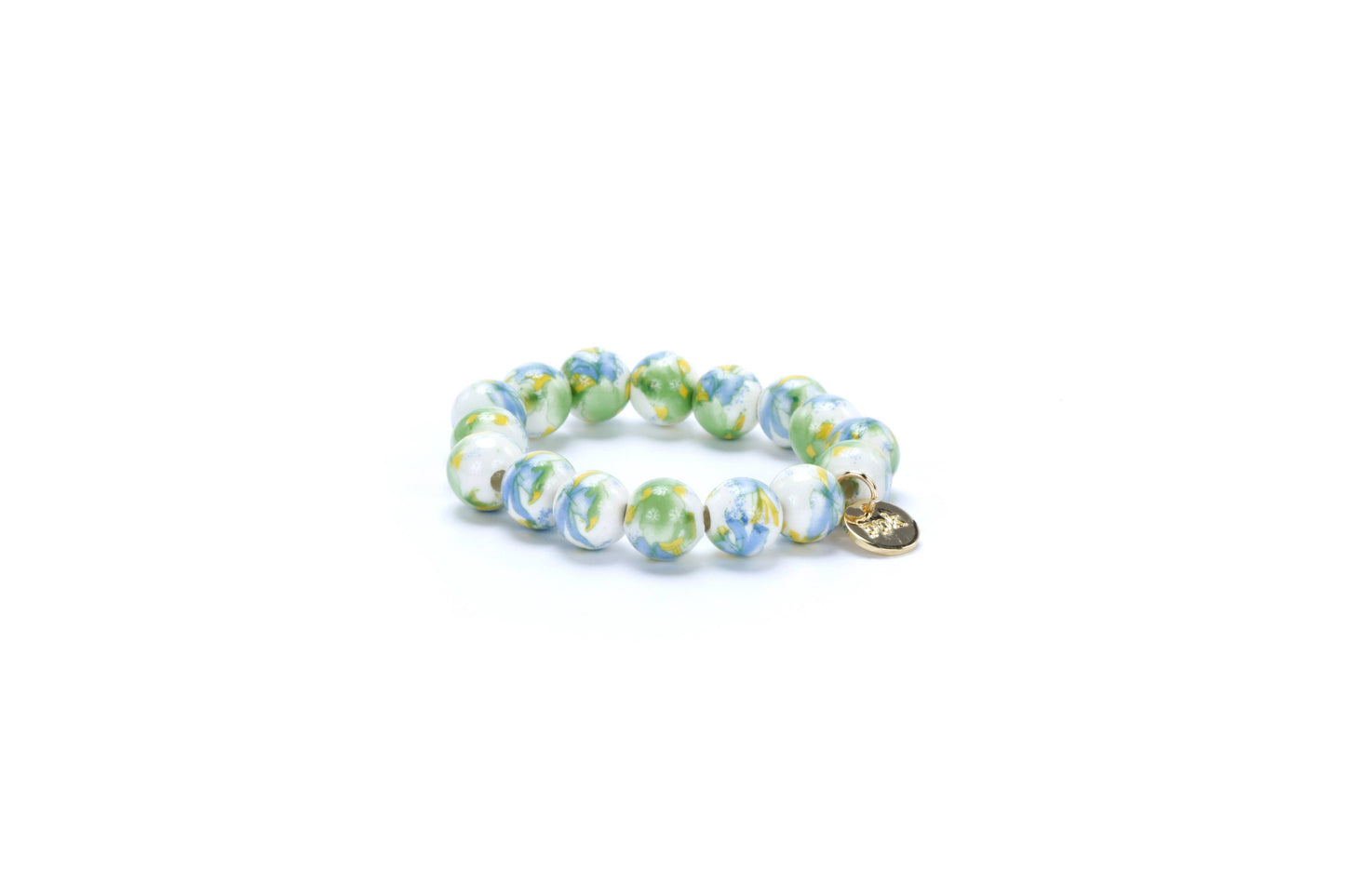 Kids Vintage Floral Beaded Bracelet with Gold Circle Charm: Green