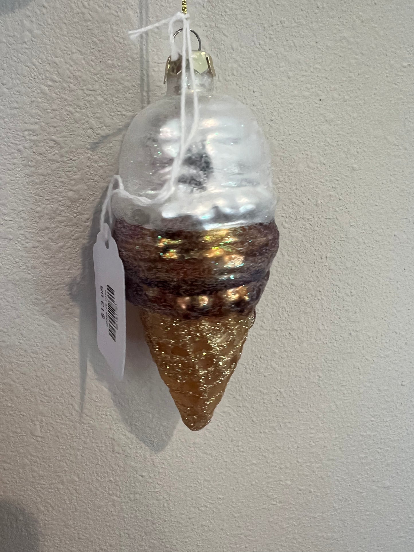 Glass Ice Cream Cone Ornament with Glitter
