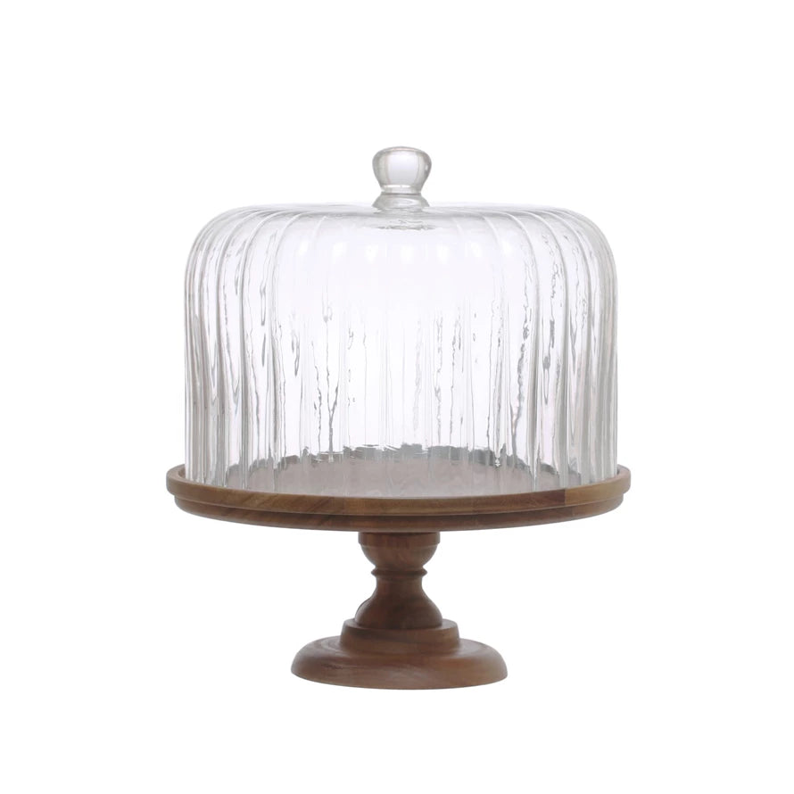 Acacia Wood Pedestal with Fluted Glass Cloche A&B