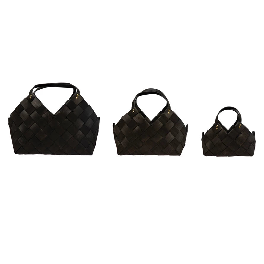 Black Woven Wood Baskets with Handles