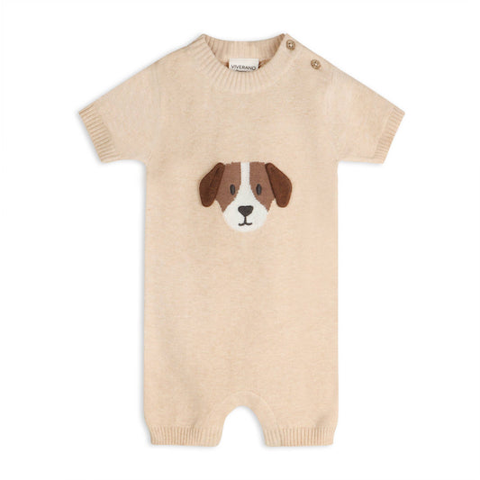 Puppy Dog Applique 3D Knit Baby Romper (Organic Cotton): Oat Heather