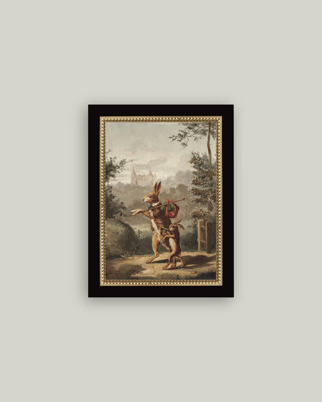 Traveling Rabbit Framed Antique Art: 7x9