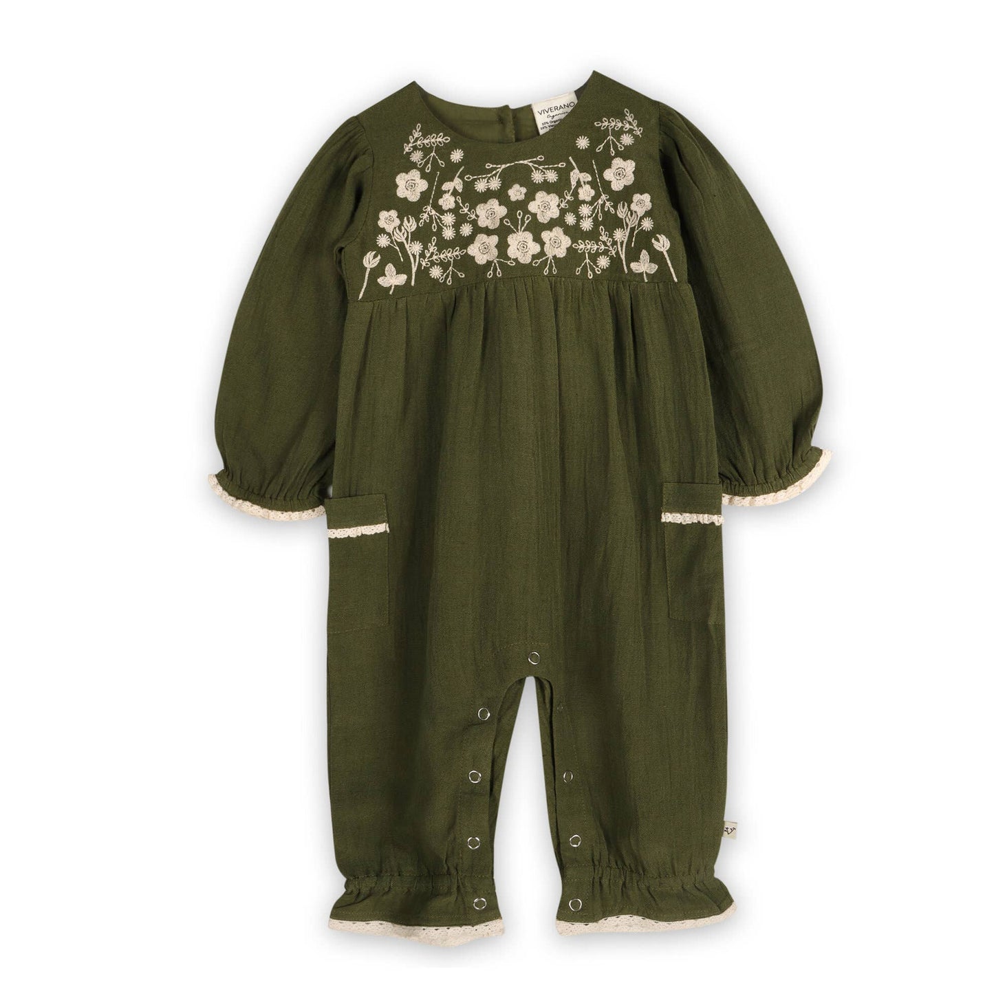 Juniper Embroidered Baby Jumpsuit & Headband -Linen Blend: Olive Green