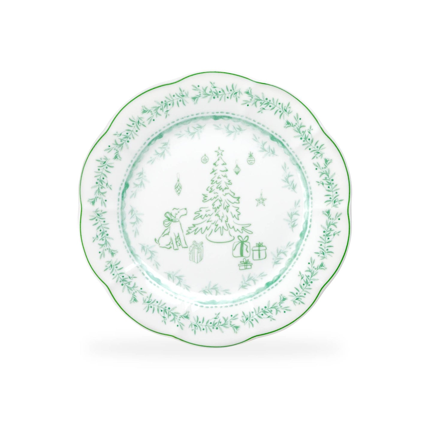 Festive Pup and Tree Fine Porcelain Dessert Salad Plate