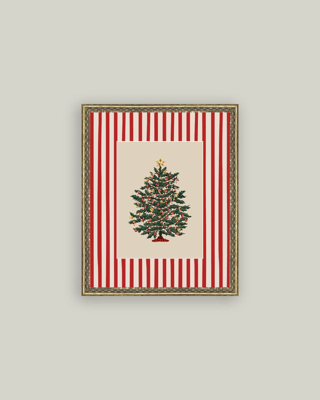 Peppermint Stripe Tree Framed Antique Art: 5x7