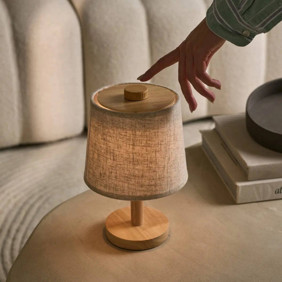 Rover Light Brown Wooden Rechargeable Lamp | Cordless, Dimmable with Fabric Shade
