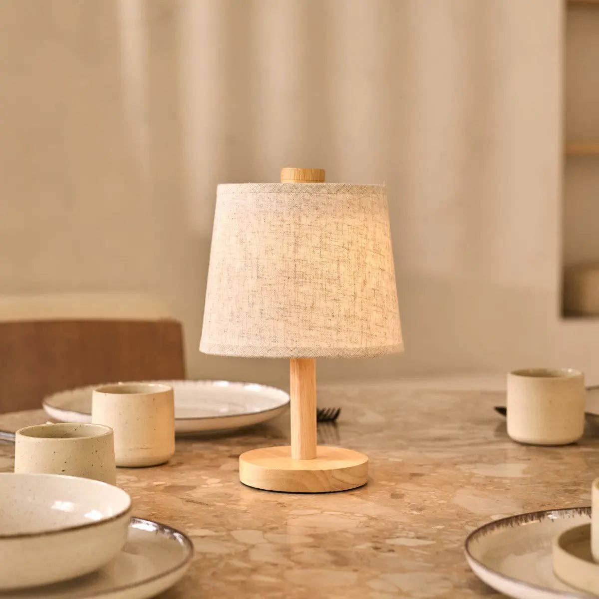 Rover Light Brown Wooden Rechargeable Lamp | Cordless, Dimmable with Fabric Shade