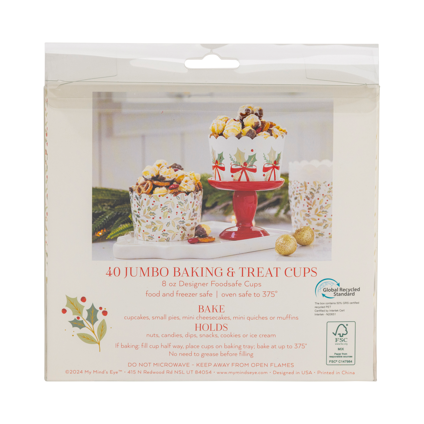 Foiled JUMBO Holly Bows 8 oz Baking Cups (40 ct)