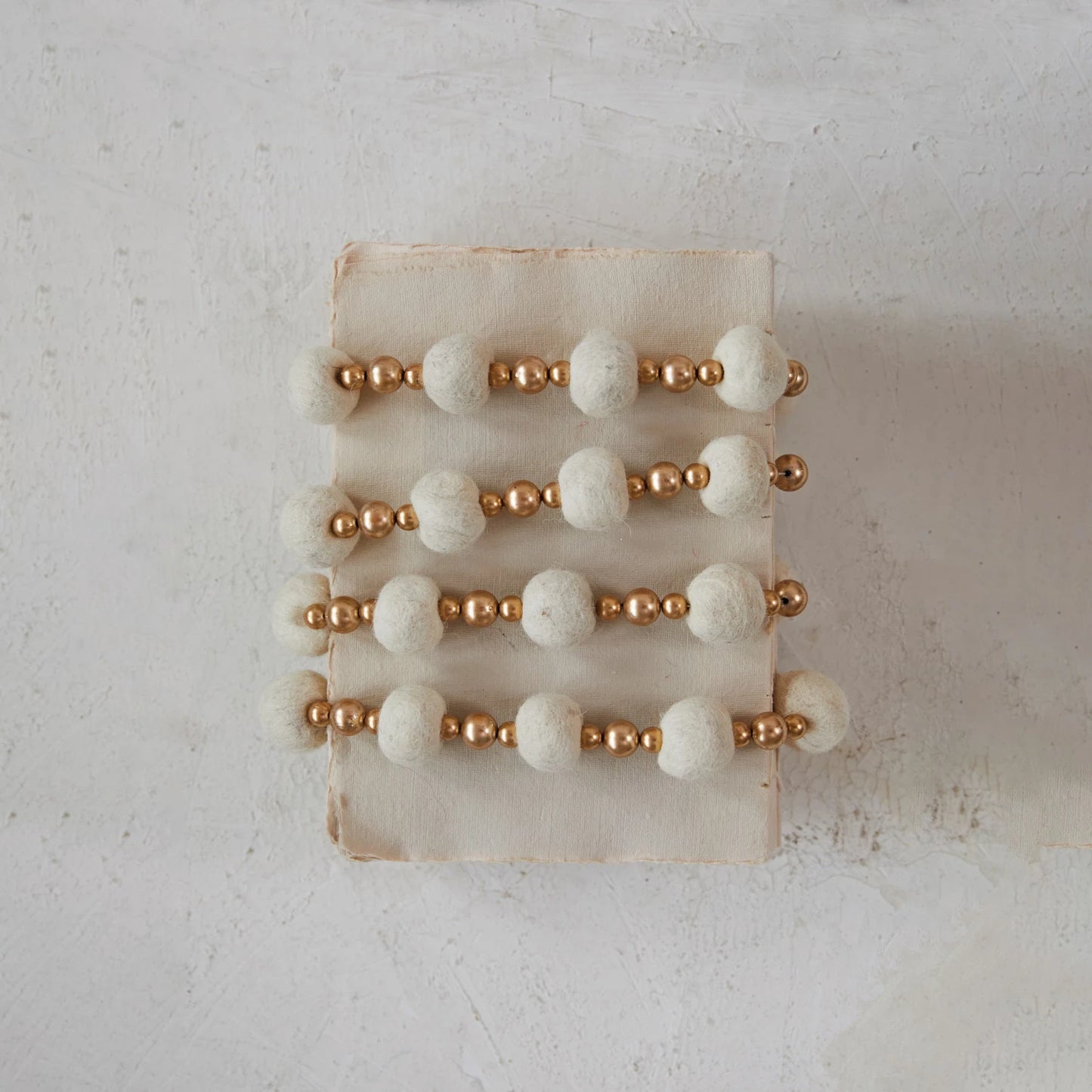 Handmade Wool Felt Ball & Plastic Bead Garland, Cream Color & Gold Finish