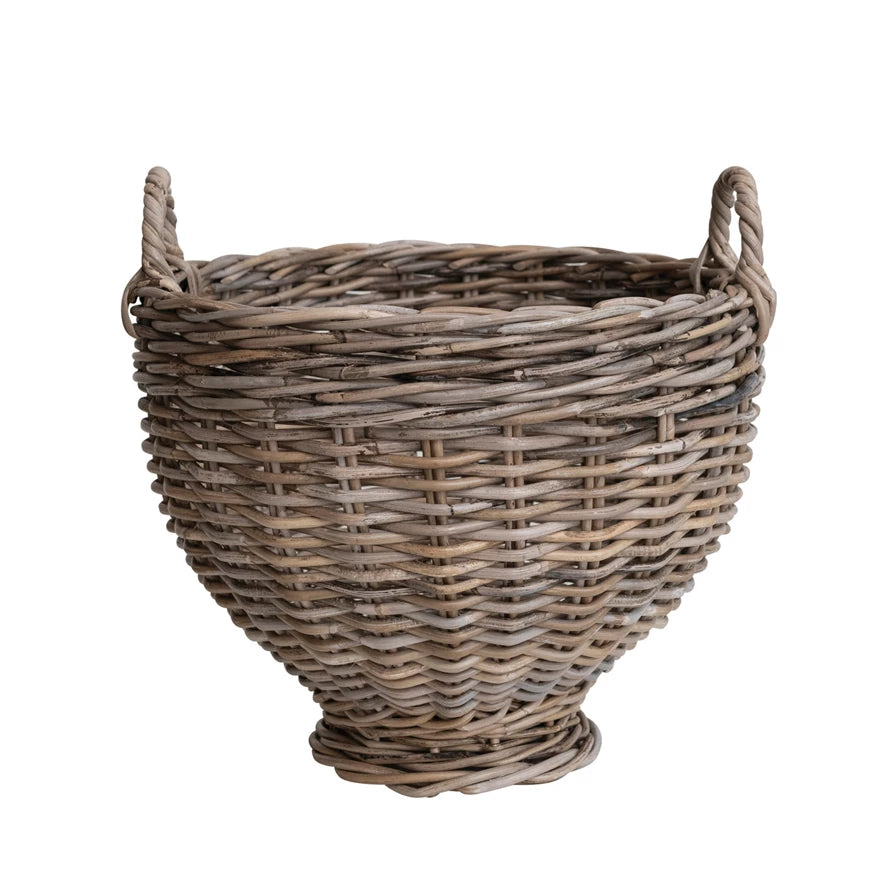 Hand-Woven Rattan Footed Basket with Handles