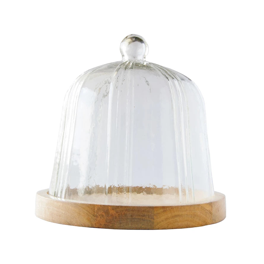 Recycled Glass Pleated Cloche with Mango Wood Base