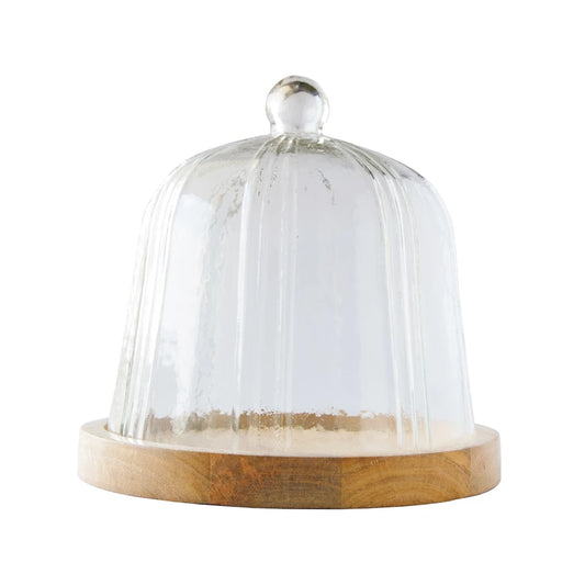 Recycled Glass Pleated Cloche with Mango Wood Base