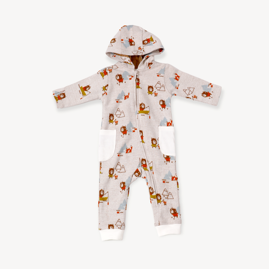 Camping Bear & Fox Jacquard Zipper Hoodie Romper (Organic)