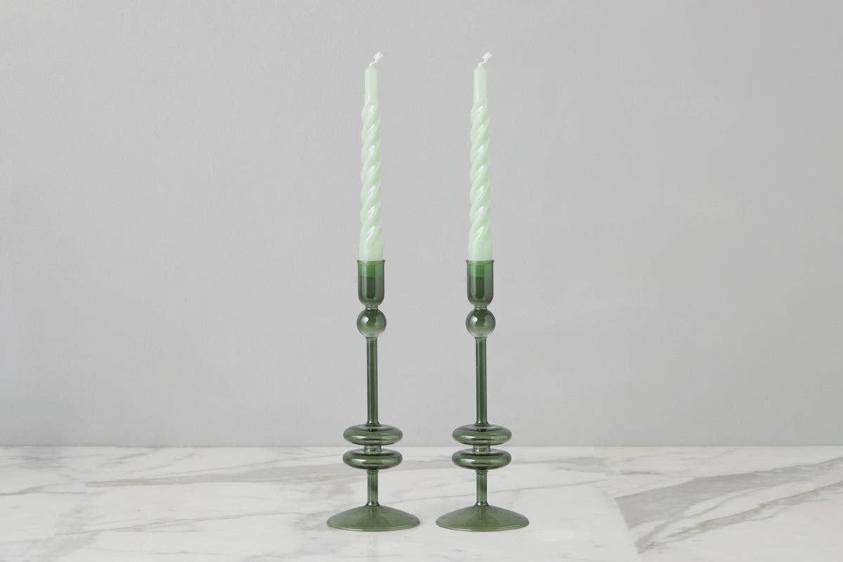 Emerald Green Glass Taper Candlestick Holder Pair, Medium