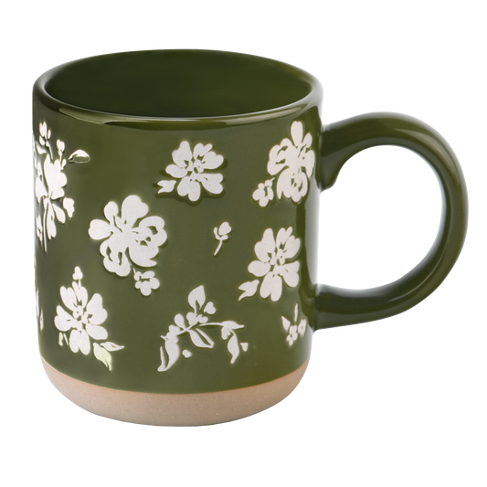 Green Floral Stoneware Coffee Mug