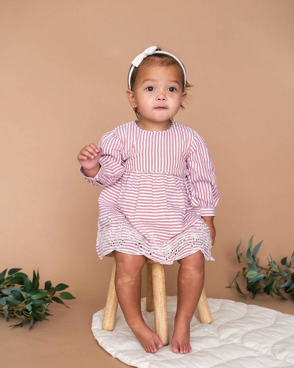 Vivienne Striped Embroidered Baby Dress & Bloomer (Organic): Vintage Berry Stripe