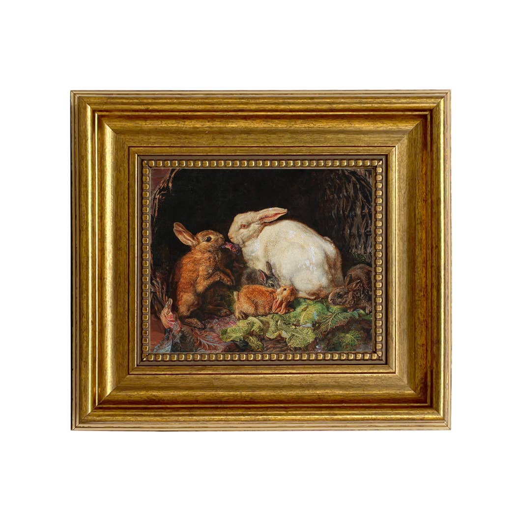 Hares and Young Framed Oil Painting Print on Canvas: Antiqued Gold / 5" x 6"