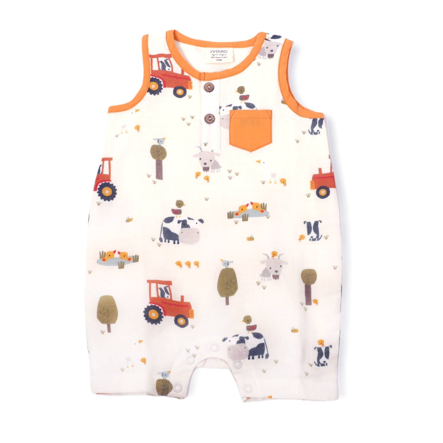 Farm Sleeveless Pocket Baby Short Romper (Organic Muslin): Natural / 12-18M