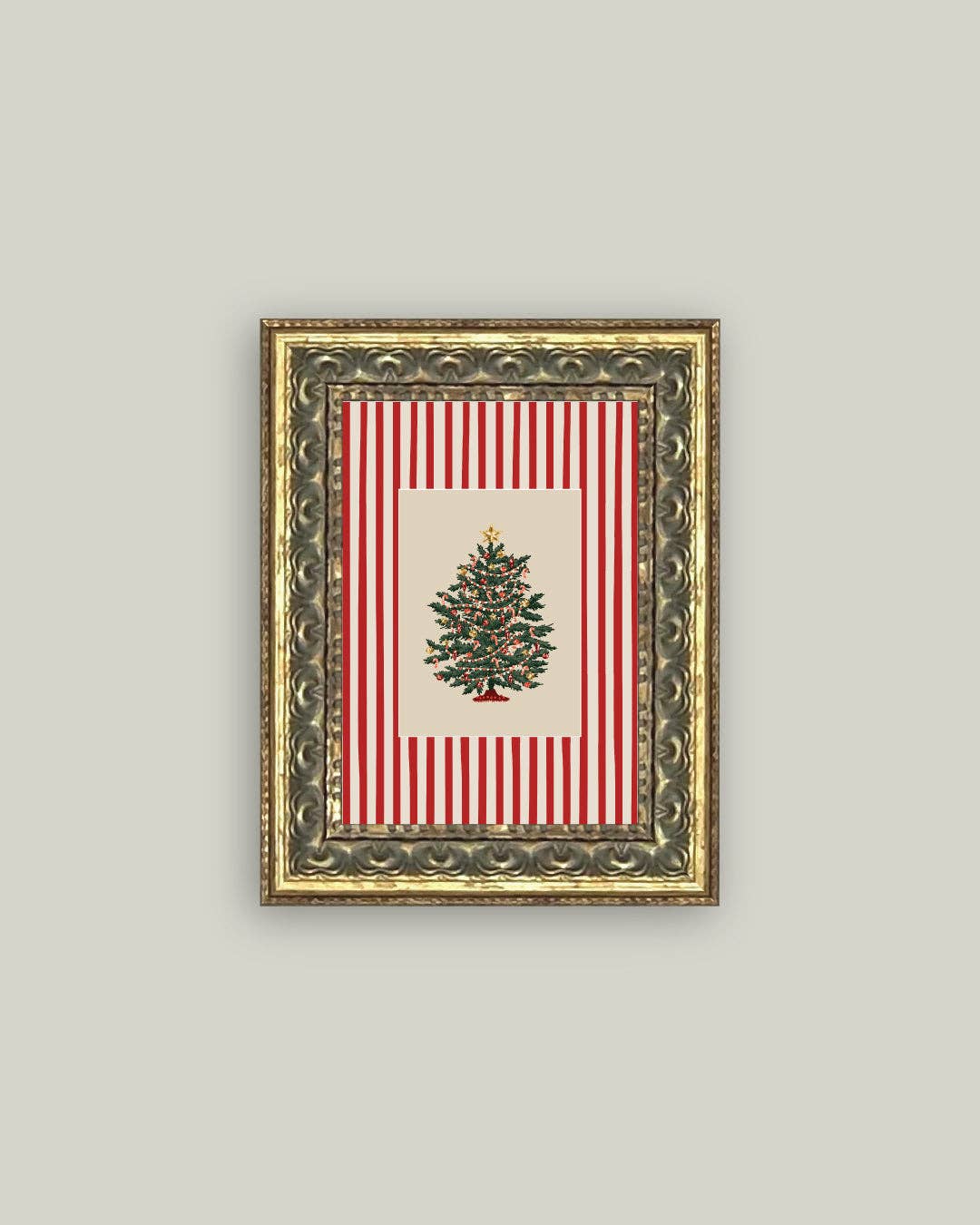 Peppermint Stripe Tree Framed Antique Art: 5x7
