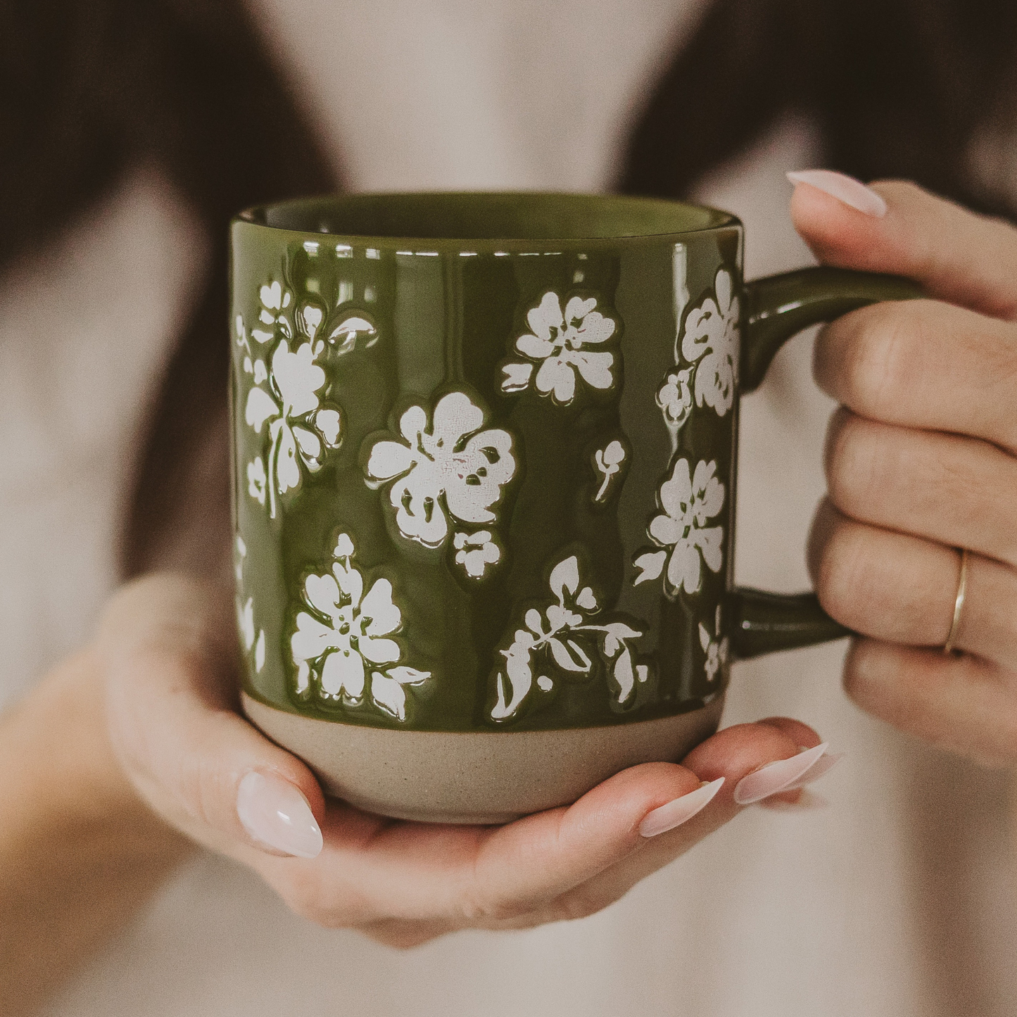 Green Floral Stoneware Coffee Mug