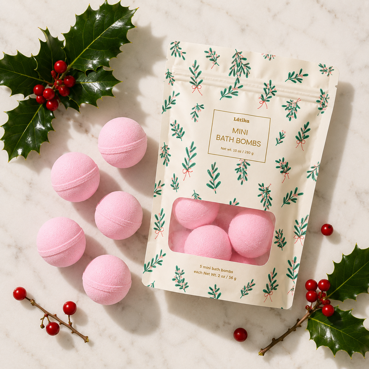 Mini Bath Bombs Gift Bag - Christmas holly -  Cranberry Fizz