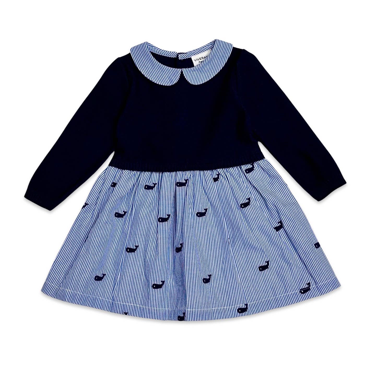 Whale Embroidered Pinstripe Baby Sweater Knit Dress (Organic: Navy Blue