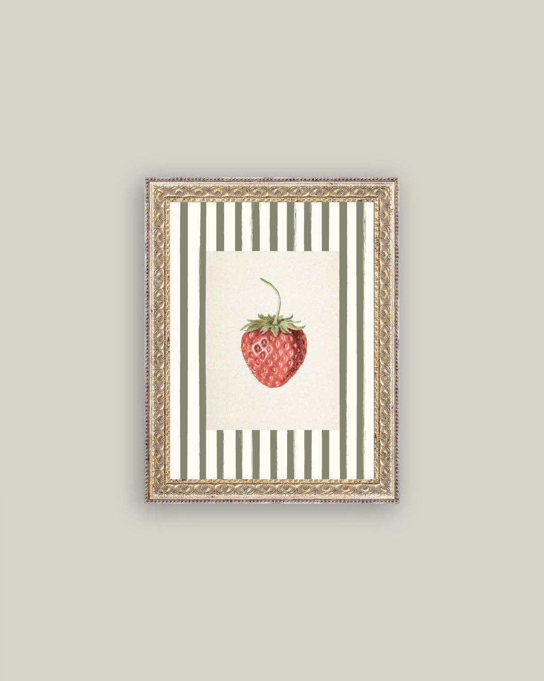 Strawberries on Stripes Framed Antique Art: 8x10