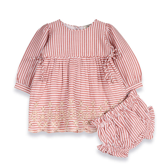 Vivienne Striped Embroidered Baby Dress & Bloomer (Organic): Vintage Berry Stripe