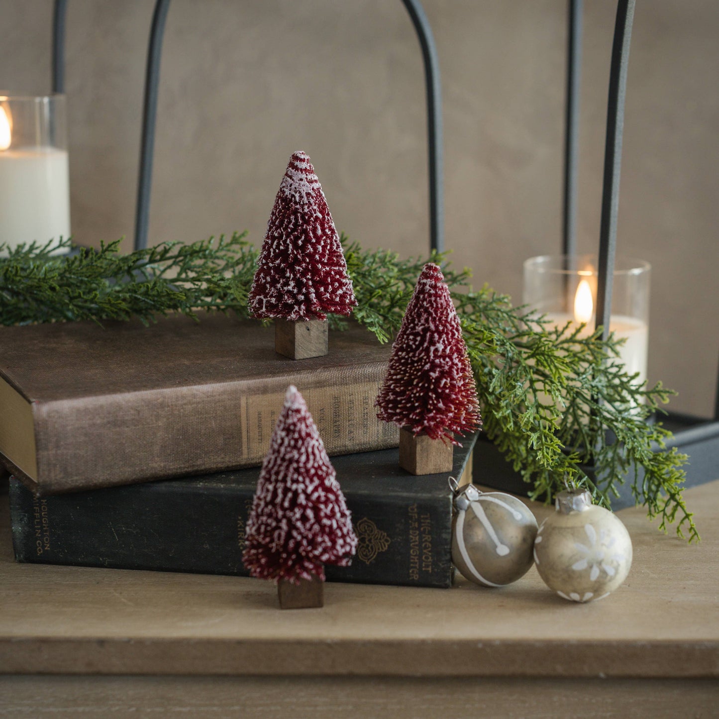 Set of 3 Burgundy Bottlebrush Trees with Snowy Tips