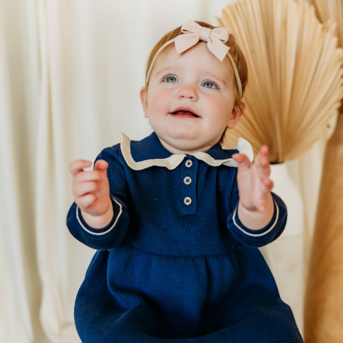 Adeline Ruffle Collar Sweater Knit Baby Dress (Organic): Navy Blue