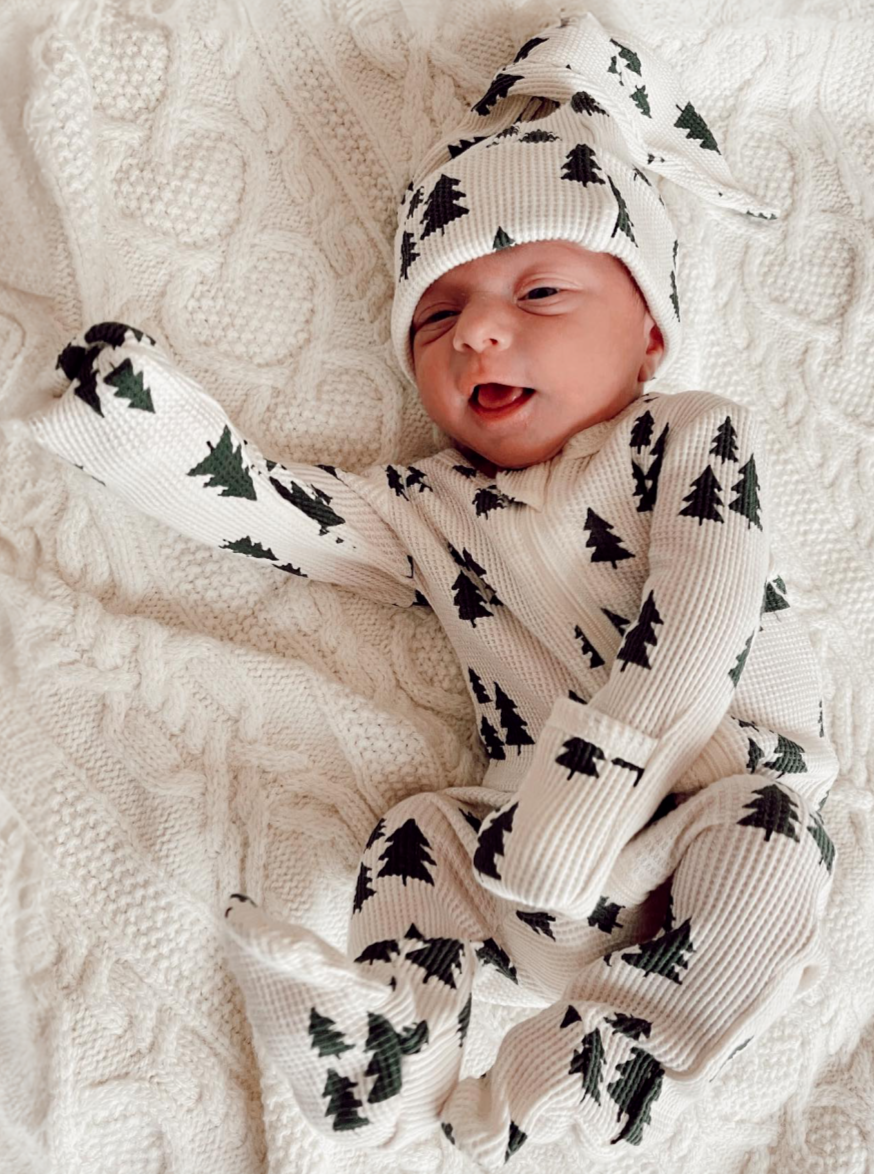 Organic Waffle 2-Way Zip Footie, Forest Green Trees