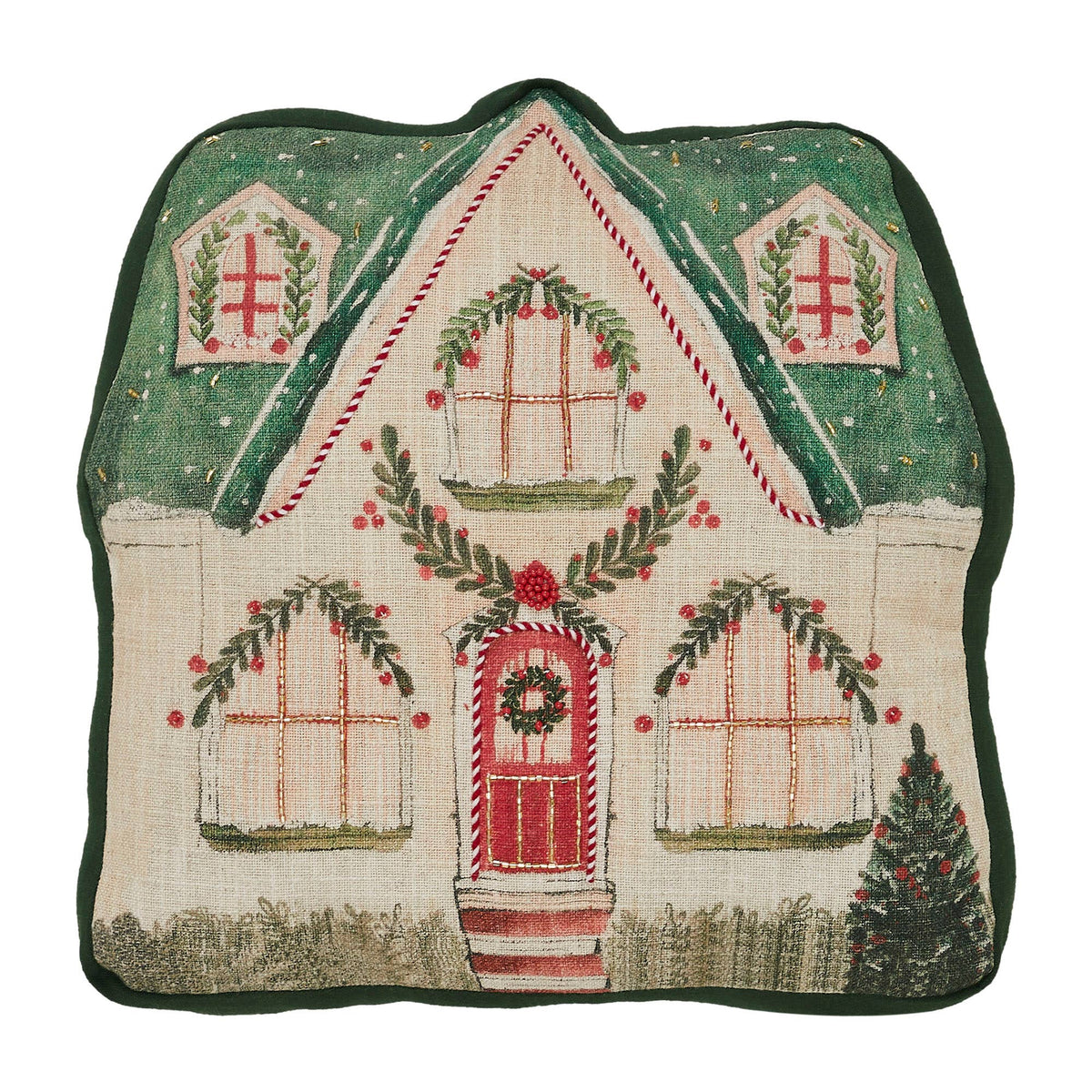 Christmas Cottage Shaped Pillow Beaded 14x14