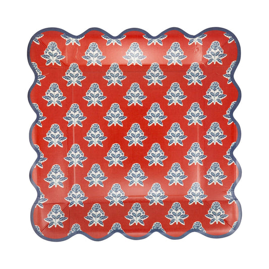 Red Block Floral Paper Plate - 9"