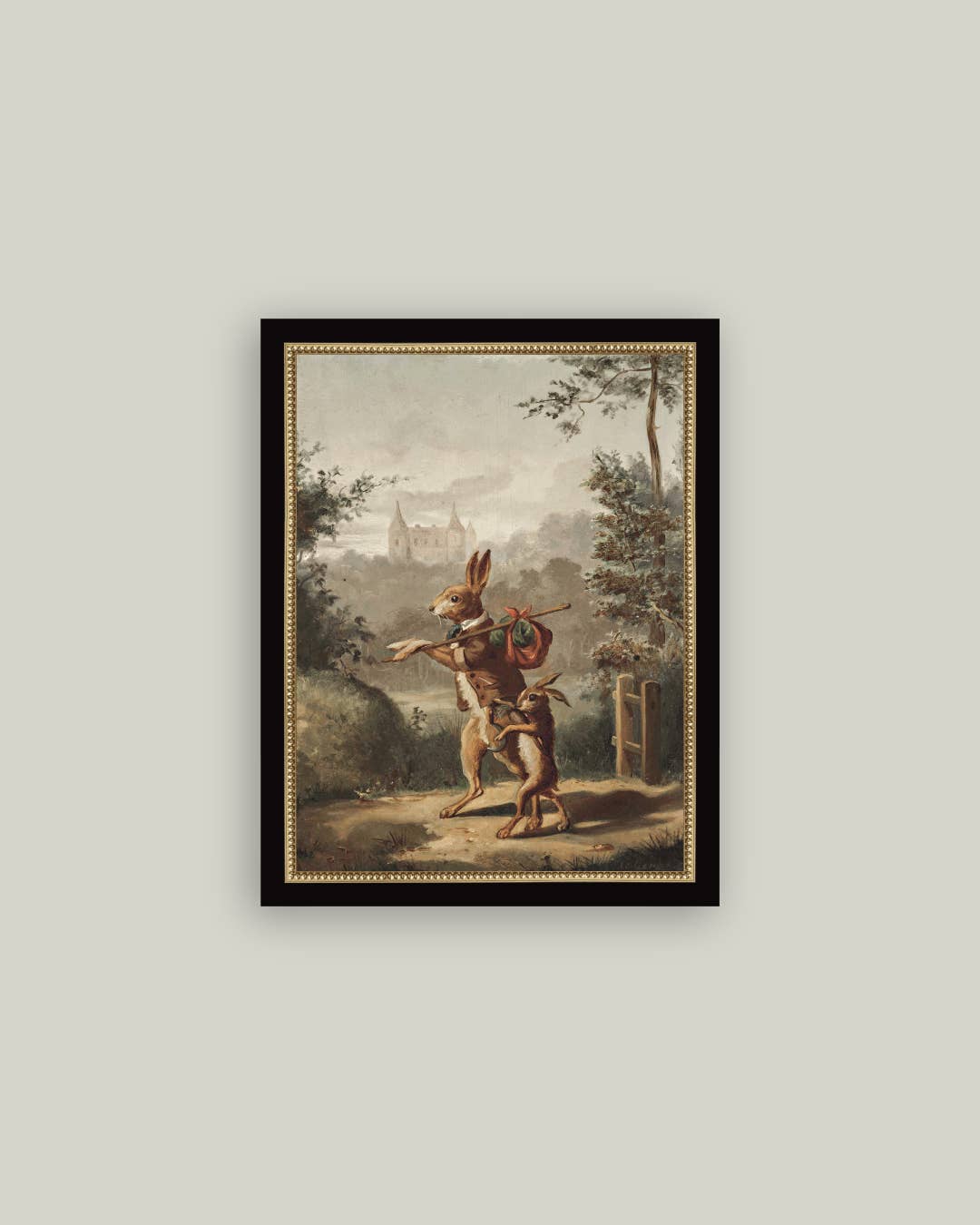 Traveling Rabbit Framed Antique Art: 7x9